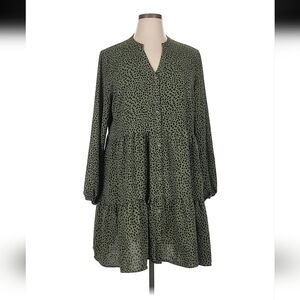 Nine West Button Front Tiered Dress. Green and black print. Size L